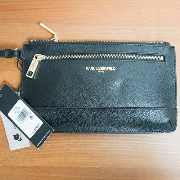Karl Lagerfeld Paris Double Zip Wallet Wristlet Clutch Black Leather - Picture 3 of 6